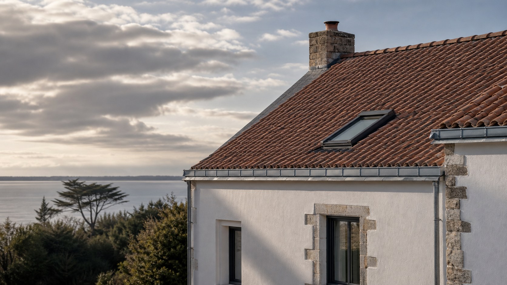 Maison de Loire-Atlantique avec toiture en tuiles, fenêtre de toit et gouttières en zinc