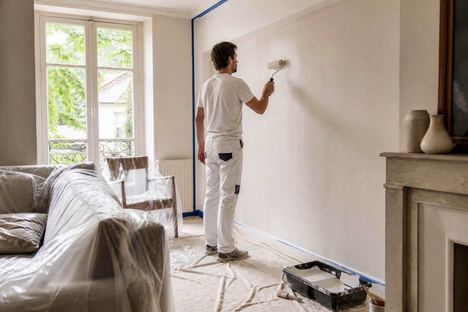 Artisan appliquant une peinture intérieure dans une pièce entièrement protégée